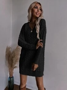 Chiquease Cable Knit Jumper Dress Without Belt - Black - View 5