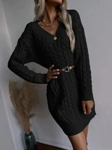 Chiquease Cable Knit Jumper Dress Without Belt - Black - View 6