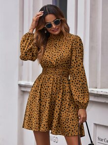 SHEIN LUNE Vestido con estampado de cintura fruncido - Mostaza Amarilla - Ver 1