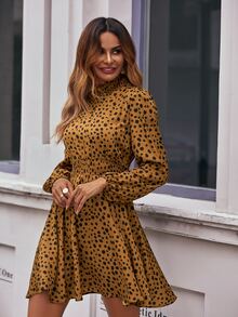 SHEIN LUNE Vestido con estampado de cintura fruncido - Mostaza Amarilla - Ver 4