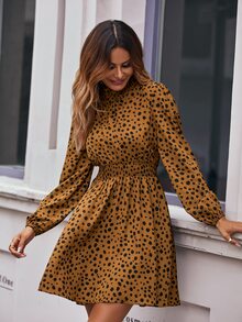 SHEIN LUNE Vestido con estampado de cintura fruncido - Mostaza Amarilla - Ver 5