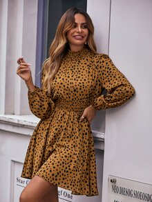 SHEIN LUNE Vestido con estampado de cintura fruncido - Mostaza Amarilla - Ver 6