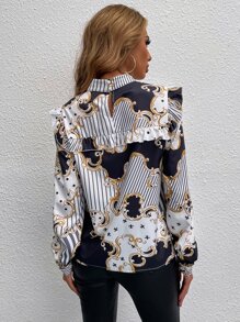 SHEIN Clasi 卷軸和條紋印花褶邊小立領襯衫 - 彩色 - 查看 2