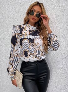 SHEIN Clasi 卷軸和條紋印花褶邊小立領襯衫 - 彩色 - 查看 6