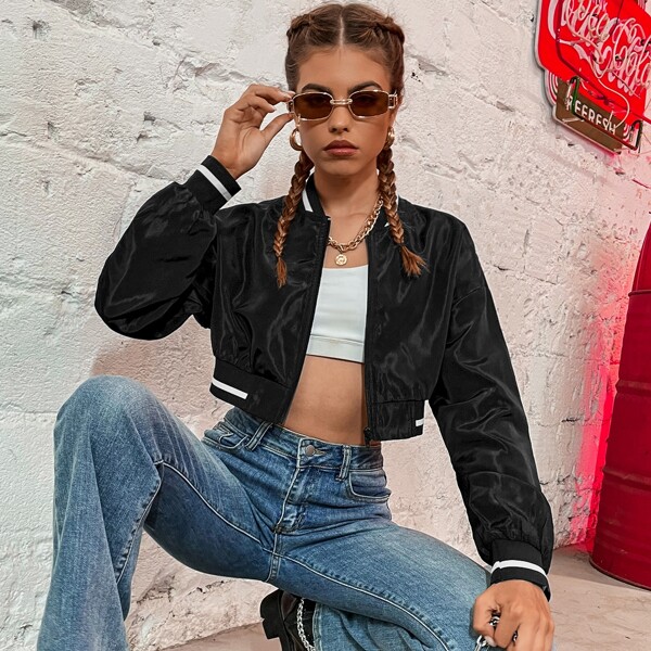 

Striped Zip Up Crop Bomber Jacket, Black