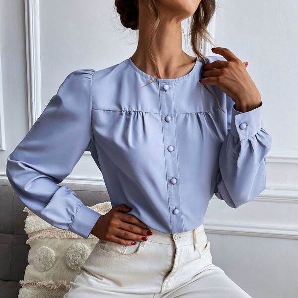 

Puff Sleeve Button Through Solid Blouse, Blue