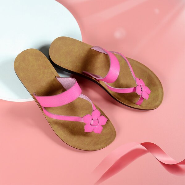 

Floral Embroidered Flat Thong Sandals, Hot pink