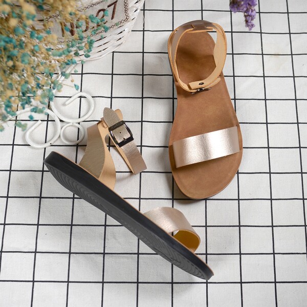 

Metallic Flat Ankle Strap Sandals, Champagne