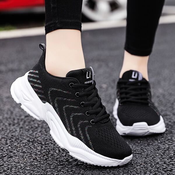 

Striped Pattern Knit Detail Lace-up Front Sneakers, Black