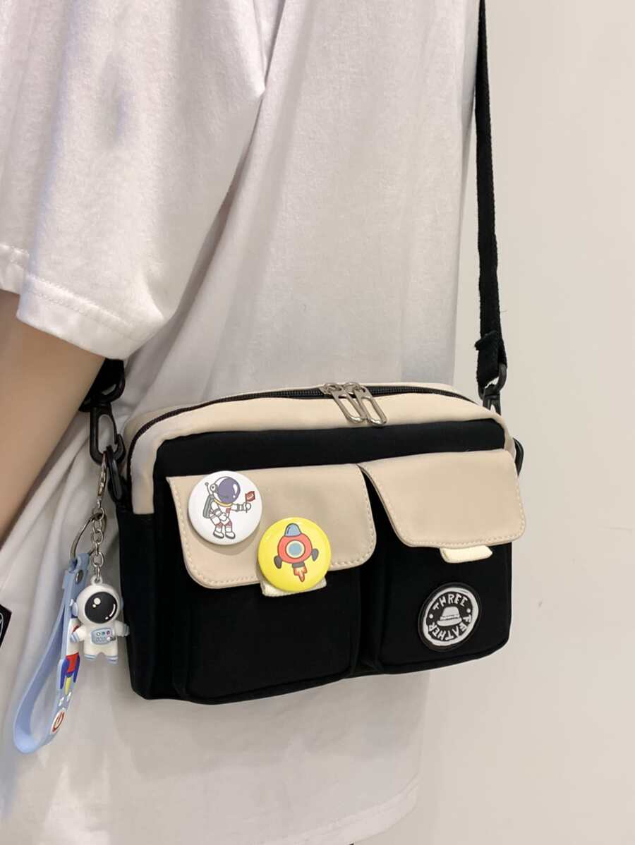 Bolso bandolera de nailon con decoración de dibujos animados de dos tonos, esencial para hombres, bolso escolar y universitario, portátil, bolso de hombro, bolso de lona casual con decoración de dibujos animados para viajes, deportes, regalos de Halloween, Navidad, Acción de Gracias, bolso de hombre de invierno, bolso de exterior, bolso de almacenamiento, bolso de mano, bolso de mensajero, mochila de senderismo de gran capacidad y multiusos, regalos casuales - Blanco y Negro - Ver 1