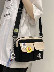 Bolso bandolera de nailon con decoración de dibujos animados de dos tonos, esencial para hombres, bolso escolar y universitario, portátil, bolso de hombro, bolso de lona casual con decoración de dibujos animados para viajes, deportes, regalos de Halloween, Navidad, Acción de Gracias, bolso de hombre de invierno, bolso de exterior, bolso de almacenamiento, bolso de mano, bolso de mensajero, mochila de senderismo de gran capacidad y multiusos, regalos casuales - Blanco y Negro - Ver 2