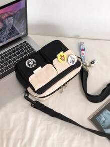 Bolso bandolera de nailon con decoración de dibujos animados de dos tonos, esencial para hombres, bolso escolar y universitario, portátil, bolso de hombro, bolso de lona casual con decoración de dibujos animados para viajes, deportes, regalos de Halloween, Navidad, Acción de Gracias, bolso de hombre de invierno, bolso de exterior, bolso de almacenamiento, bolso de mano, bolso de mensajero, mochila de senderismo de gran capacidad y multiusos, regalos casuales - Blanco y Negro - Ver 5