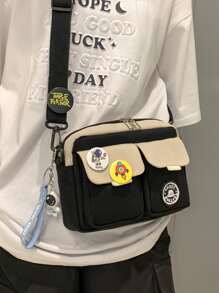 Bolso bandolera de nailon con decoración de dibujos animados de dos tonos, esencial para hombres, bolso escolar y universitario, portátil, bolso de hombro, bolso de lona casual con decoración de dibujos animados para viajes, deportes, regalos de Halloween, Navidad, Acción de Gracias, bolso de hombre de invierno, bolso de exterior, bolso de almacenamiento, bolso de mano, bolso de mensajero, mochila de senderismo de gran capacidad y multiusos, regalos casuales - Blanco y Negro - Ver 6