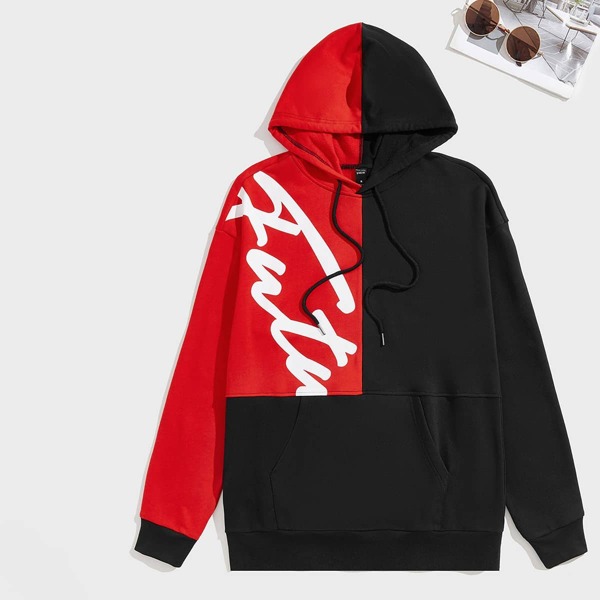 

Men Letter Graphic Colorblock Drawstring Hoodie, Multicolor