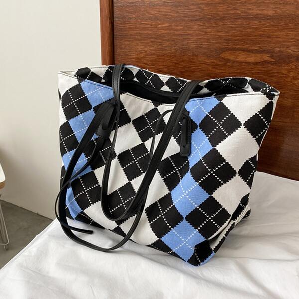 

Argyle Pattern Shoulder Tote Bag, Multicolor
