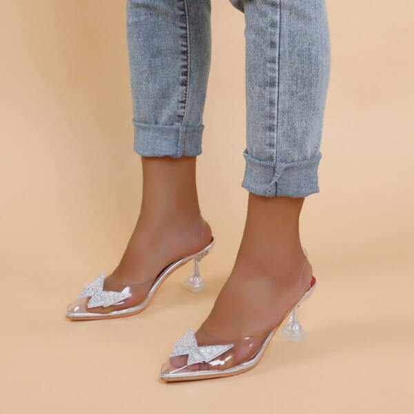 

Rhinestone & Bow Decor Pyramid Heeled Slingback Pumps, Clear