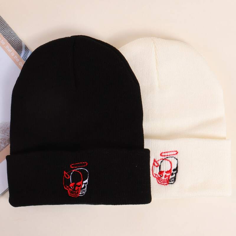 

2pcs Skull Embroidery Beanie, Black and white