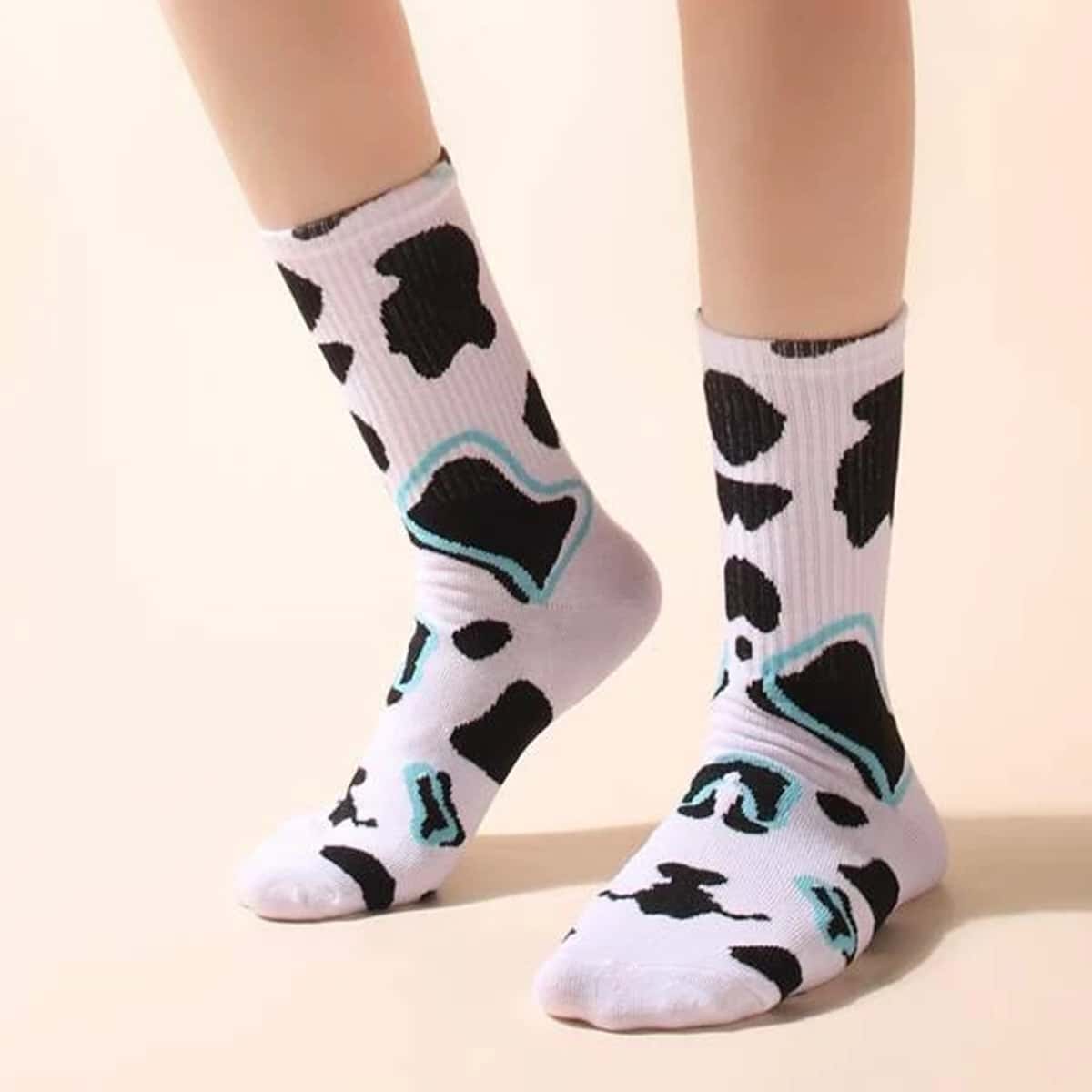 

Cow Print Crew Socks, Black and white