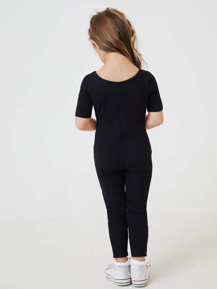 SHEIN Young Girl Cotton Solid Unitard Jumpsuit Black Jumpsuit Kidsjumpsuits Girlsjumpsuit For Young Girl>Plain - Black - View 2