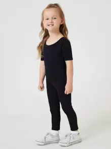 SHEIN Young Girl Cotton Solid Unitard Jumpsuit Black Jumpsuit Kidsjumpsuits Girlsjumpsuit For Young Girl>Plain - Black - View 3