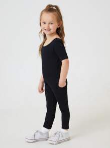SHEIN Young Girl Cotton Solid Unitard Jumpsuit Black Jumpsuit Kidsjumpsuits Girlsjumpsuit For Young Girl>Plain - Black - View 4