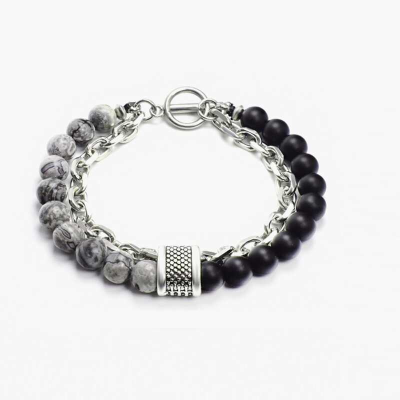 

Guys Chain Decor Beaded Bracelet, Black and white