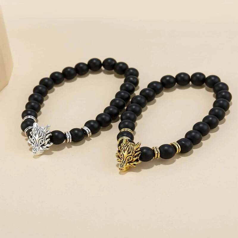 

Guys 2pcs Dragon Decor Beaded Bracelet, Black