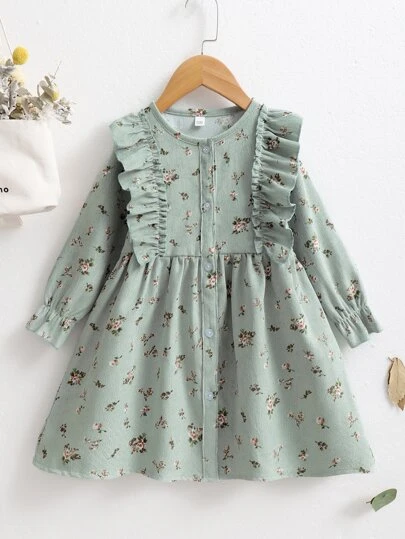 Elladie kids 少女迷你灯芯绒露肩荷叶边小花连衣裙