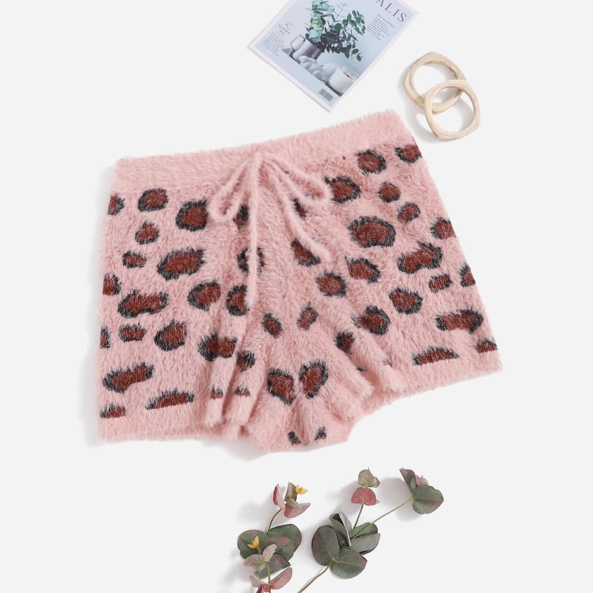 размера плюс Шорты с леопардовым узором с узлом плюшевый вязаный