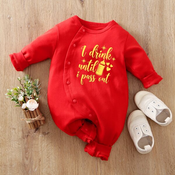 

Baby Letter Graphic Oblique Button Jumpsuit, Red