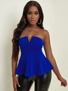 Slaydiva 缺口V領荷葉邊下擺抹胸上衣 - 寶藍色 - 查看 1