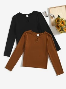 SHEIN 女孩2入組鎖眼領口T恤 - 彩色 - 查看 1