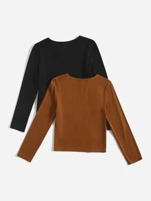 SHEIN 女孩2入組鎖眼領口T恤 - 彩色 - 查看 2