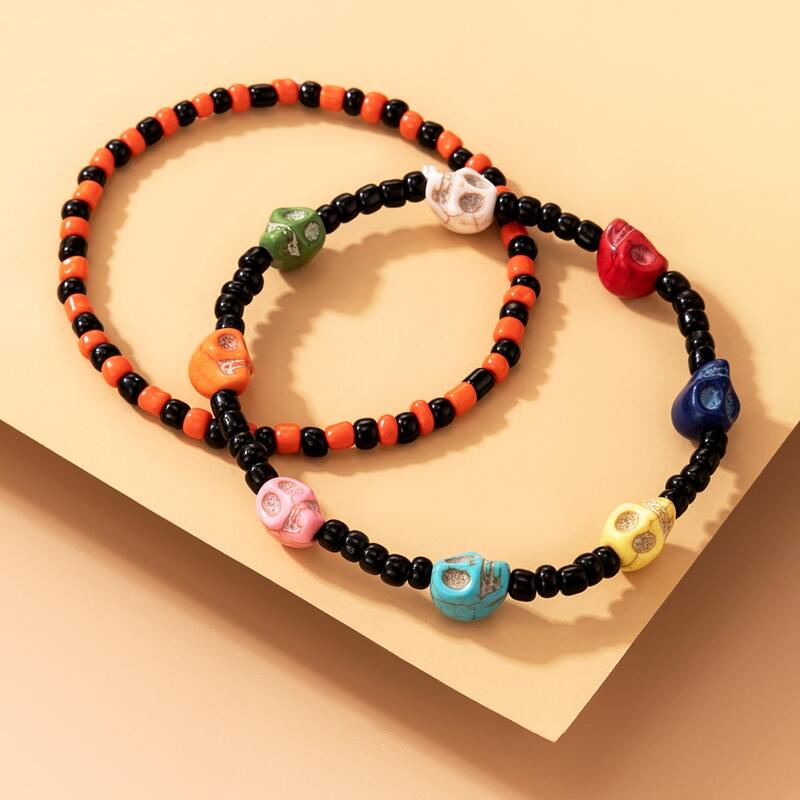 

2pcs Skull Decor Beaded Bracelet, Multicolor