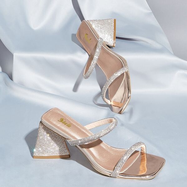 

Rhinestone Decor Chunky Heeled Mule Sandals, Rose gold