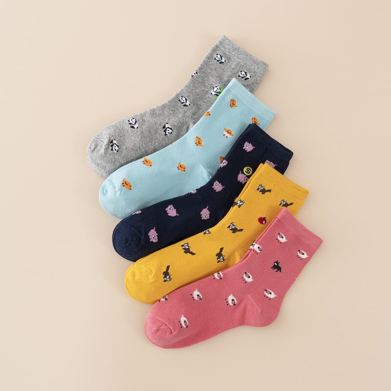 

5pairs Animal Print Crew Socks, Multicolor
