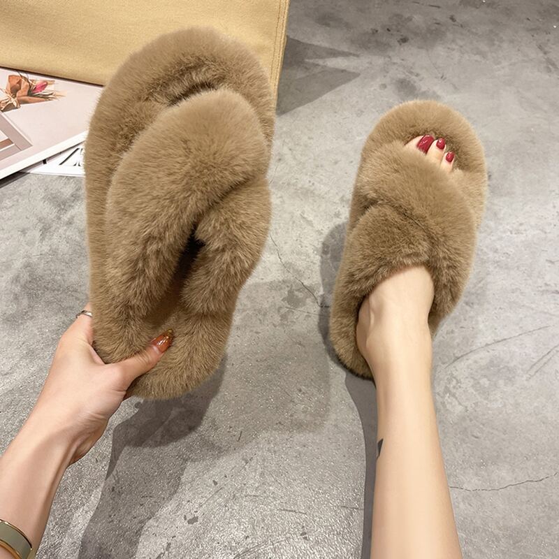 

Fluffy Open Toe Slippers, Khaki