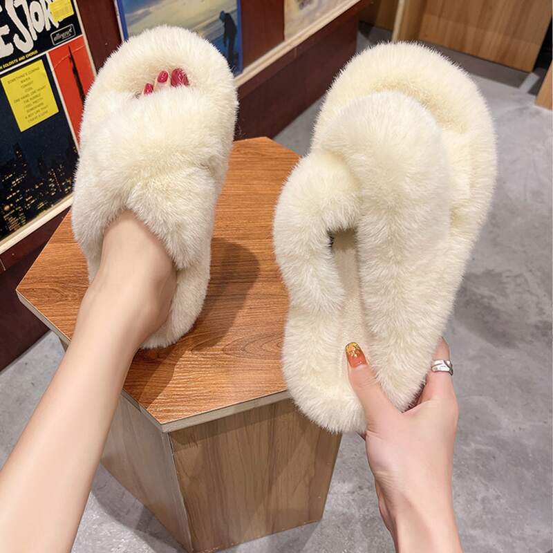 

Fluffy Open Toe Slippers, Beige