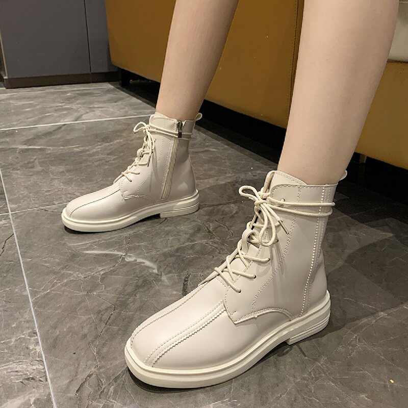 

Side Zipper Lace Up Front Boots, Beige