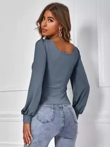 SHEIN Privé Camiseta de cuello scoop de manga obispo - Neblina azul - Ver 2