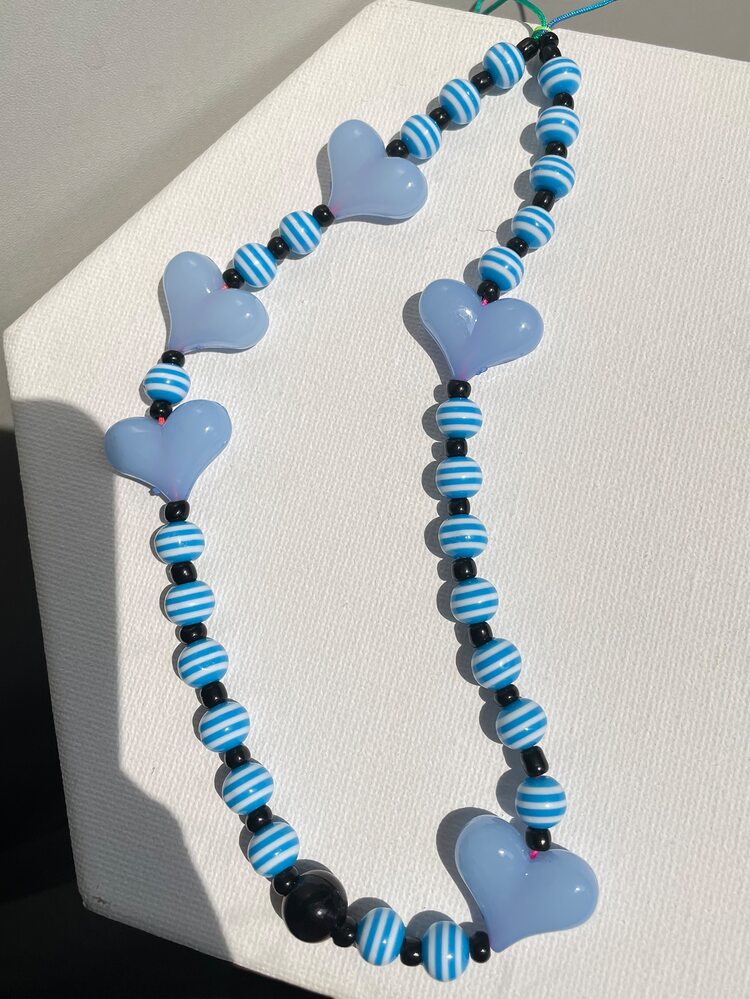 Random Color Heart Detail Beaded Lanyard - Baby Blue - View 2
