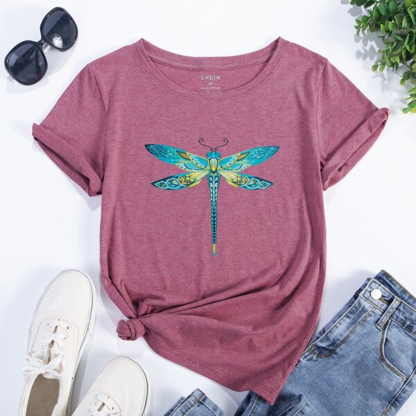 

Dragonfly Print Short Sleeve Tee, Purple