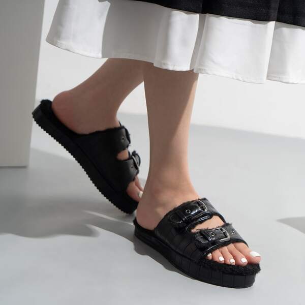 

Croc Embossed Buckle Detail Sandals, Black