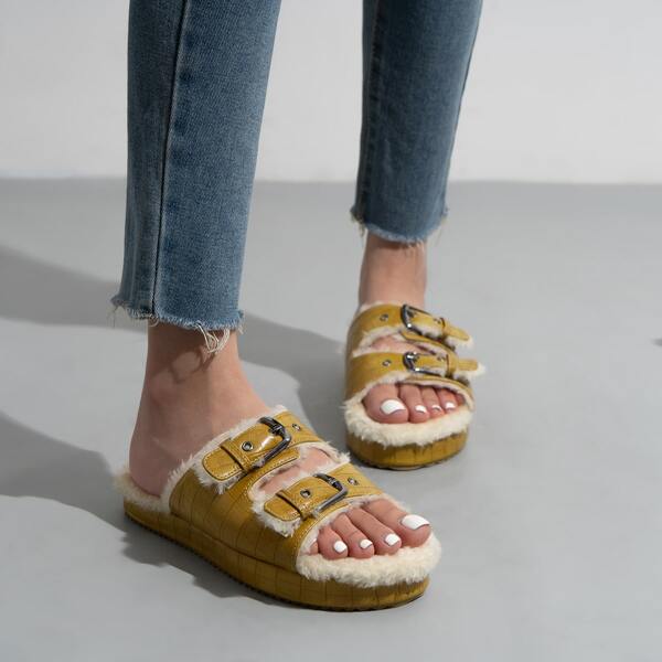 

Fuzzy Buckle Detail Croc Embossed Sandals, Mustard yellow