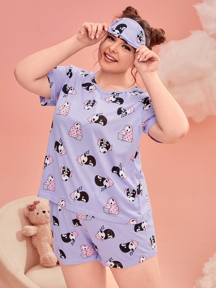 Conjunto de pijama panda con con estampado de letra con cubierta de ojo - Morado - Ver 1