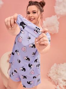 Conjunto de pijama panda con con estampado de letra con cubierta de ojo - Morado - Ver 3