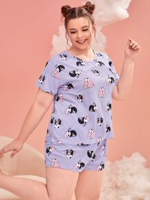 Conjunto de pijama panda con con estampado de letra con cubierta de ojo - Morado - Ver 4