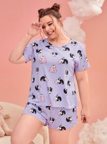 Conjunto de pijama panda con con estampado de letra con cubierta de ojo - Morado - Ver 5