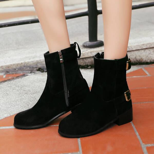 

Suede Side Zipper Chunky Boots, Black