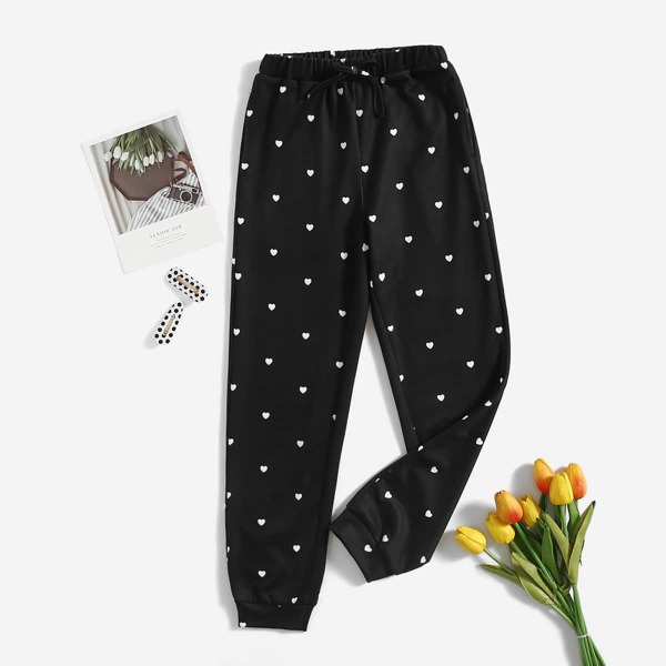 

Girls Heart Print Sweatpants, Black